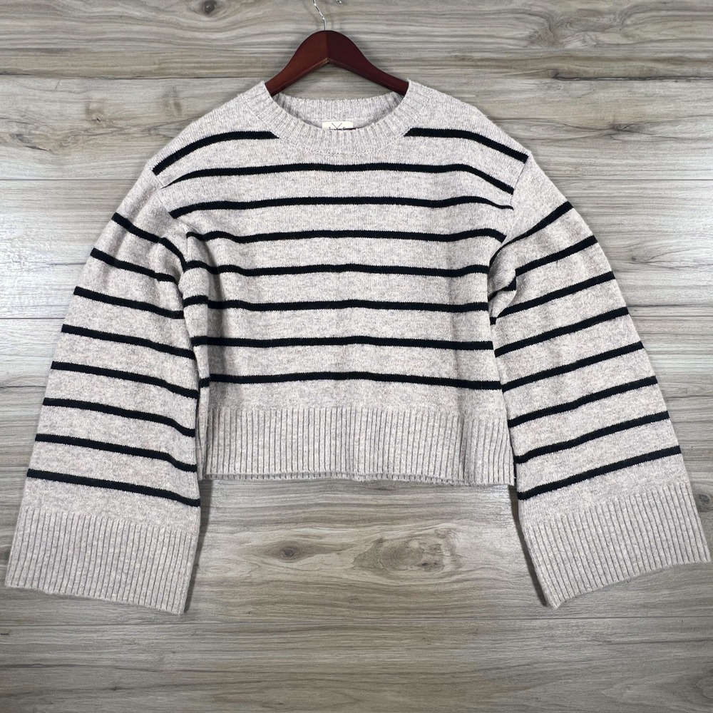 Thread & Supply Striped Bell Sleeve Crop Sweater Heather Oatmeal Black T2534SWVM